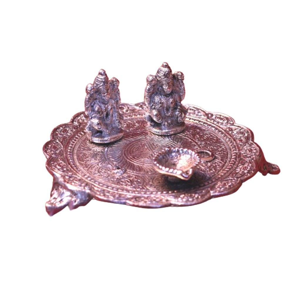 White Metal Sliver Plated Lord Laxmi Ganesh with Diya Thali